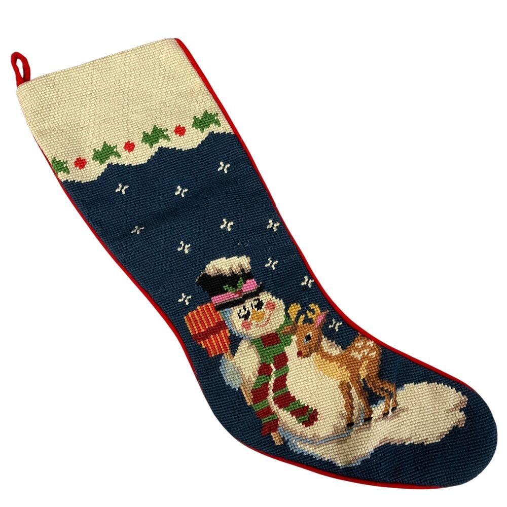 Imperial Elegance Christmas Stocking Snowman Rudolph Velvet Needlepoint Vintage